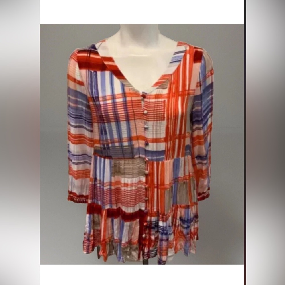 Maeve anthropologie Red and Blue Striped /plaid Blouse small rayon - Picture 3 of 9